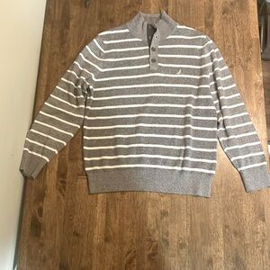 Grey Striped 100% cotton Nautica Pullover 1/4 Button up Sweater L